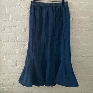 Vintage 90s Denim Flare Midi Skirt Elastic Waist Dark Wash Country Cottage Boho
